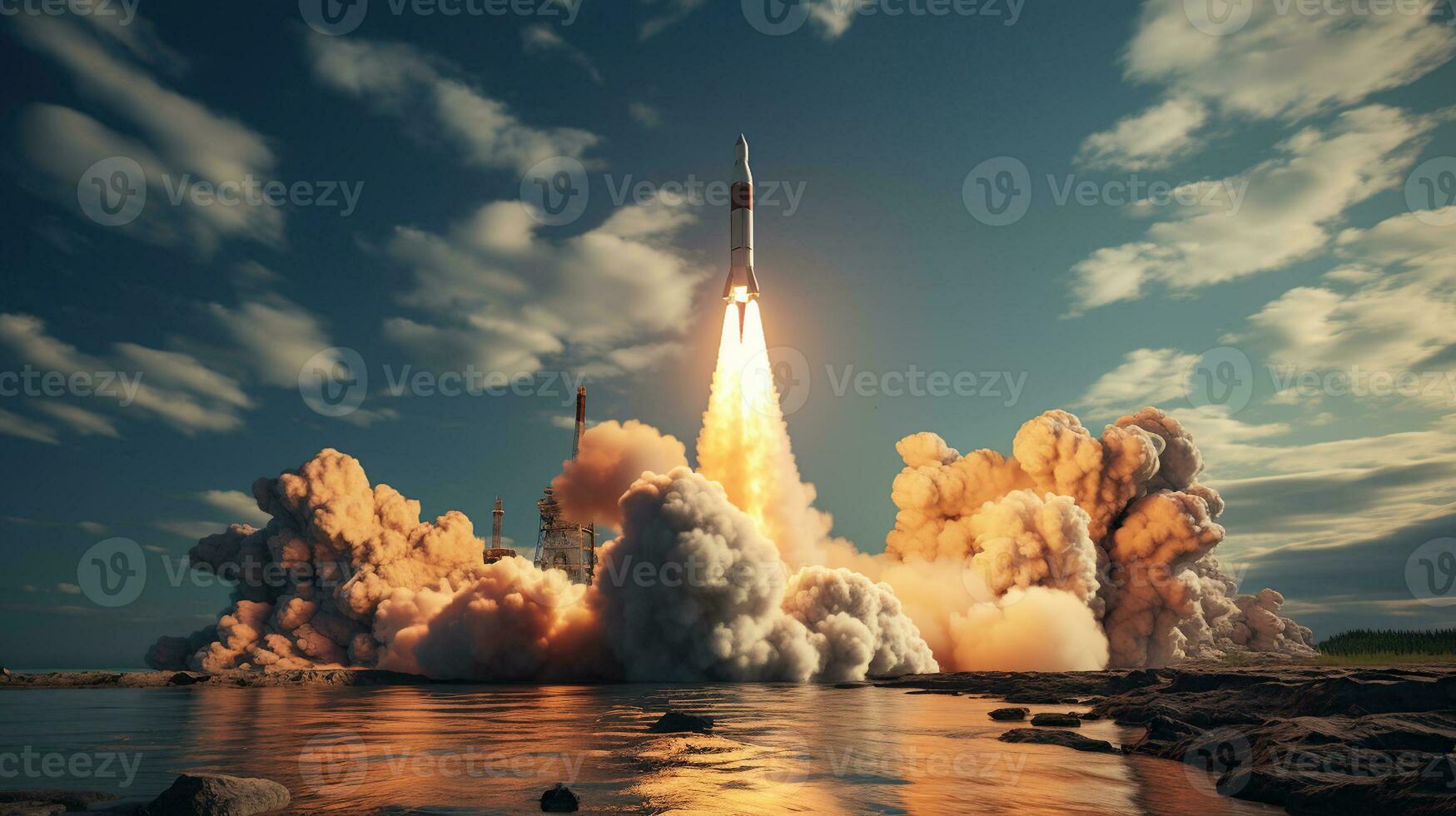 Ballistic Missile Takes Off from Ocean or Sea Launch pad or military ship. Generative AI photo