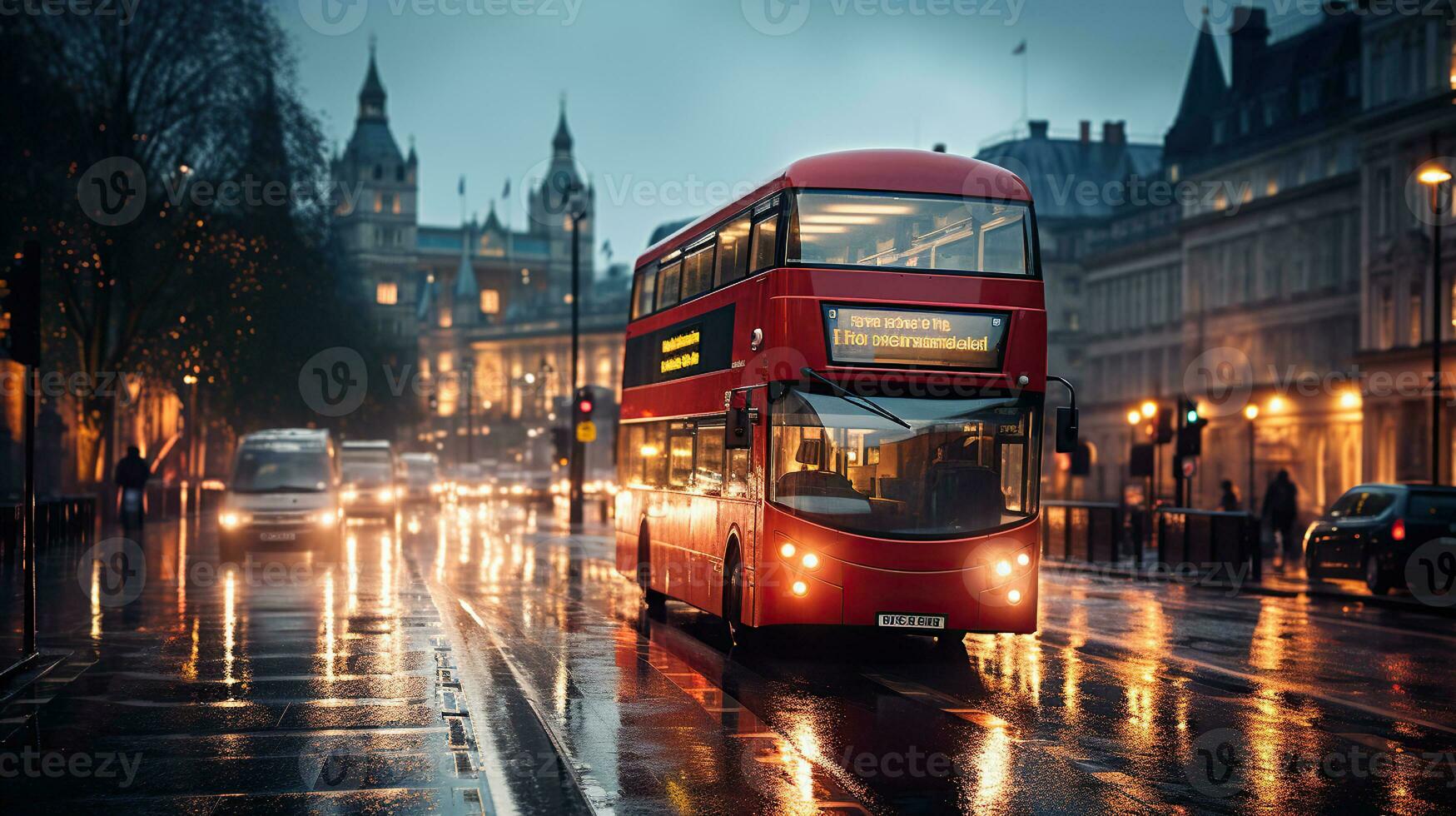 Double decker bus in the streets on a rainy day. Generative AI photo