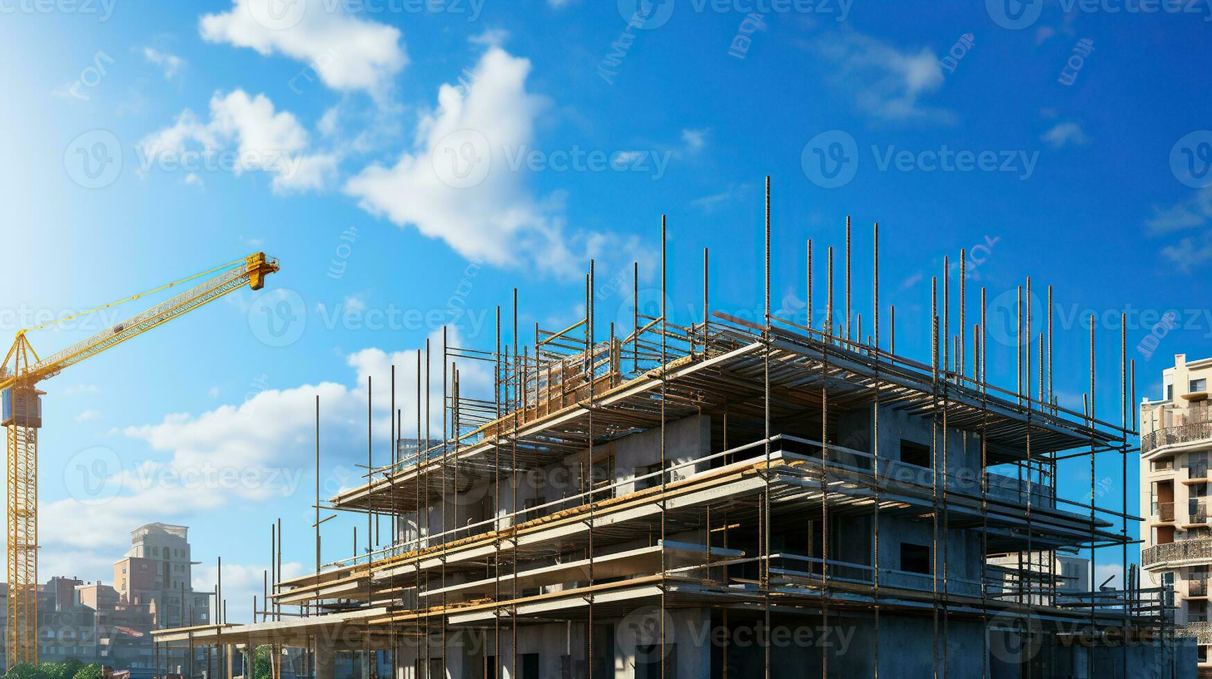 Construction of new building with reinforced concrete floors, high rise multi storey building construction. Generative AI photo