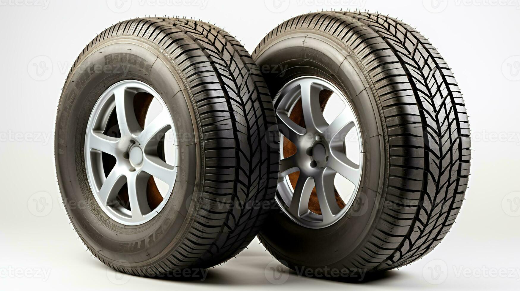 Winter and summer auto tires. A pair of tires. Wheels of vehicles stacked up. lone automobile tires on a white background. Generative AI photo