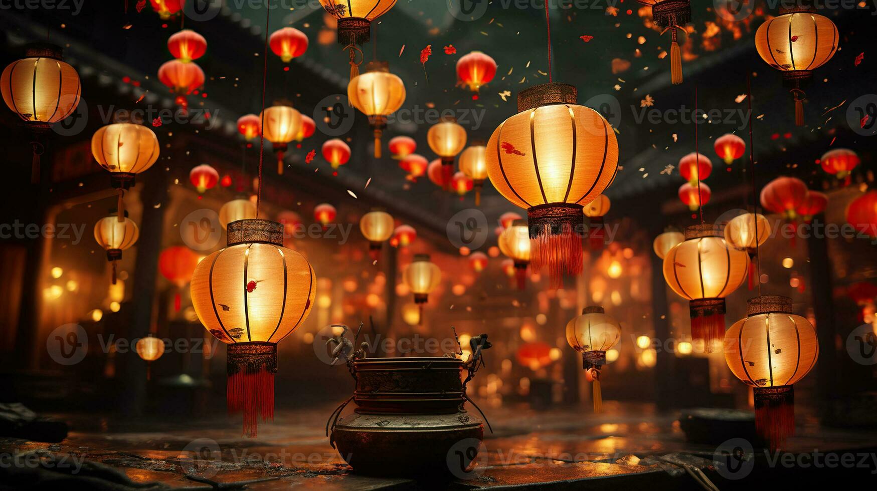 Chinese new year lanterns and decoration. Generative AI photo