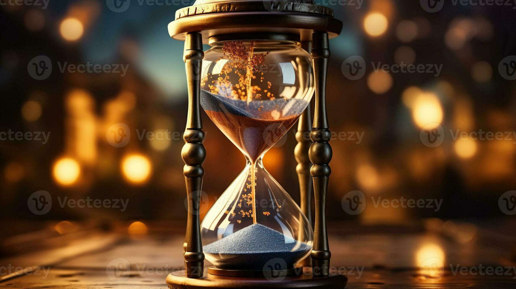 Vintage hourglass representing the concept of time and pacing, slow, sands of time with bokeh background. Generative AI photo