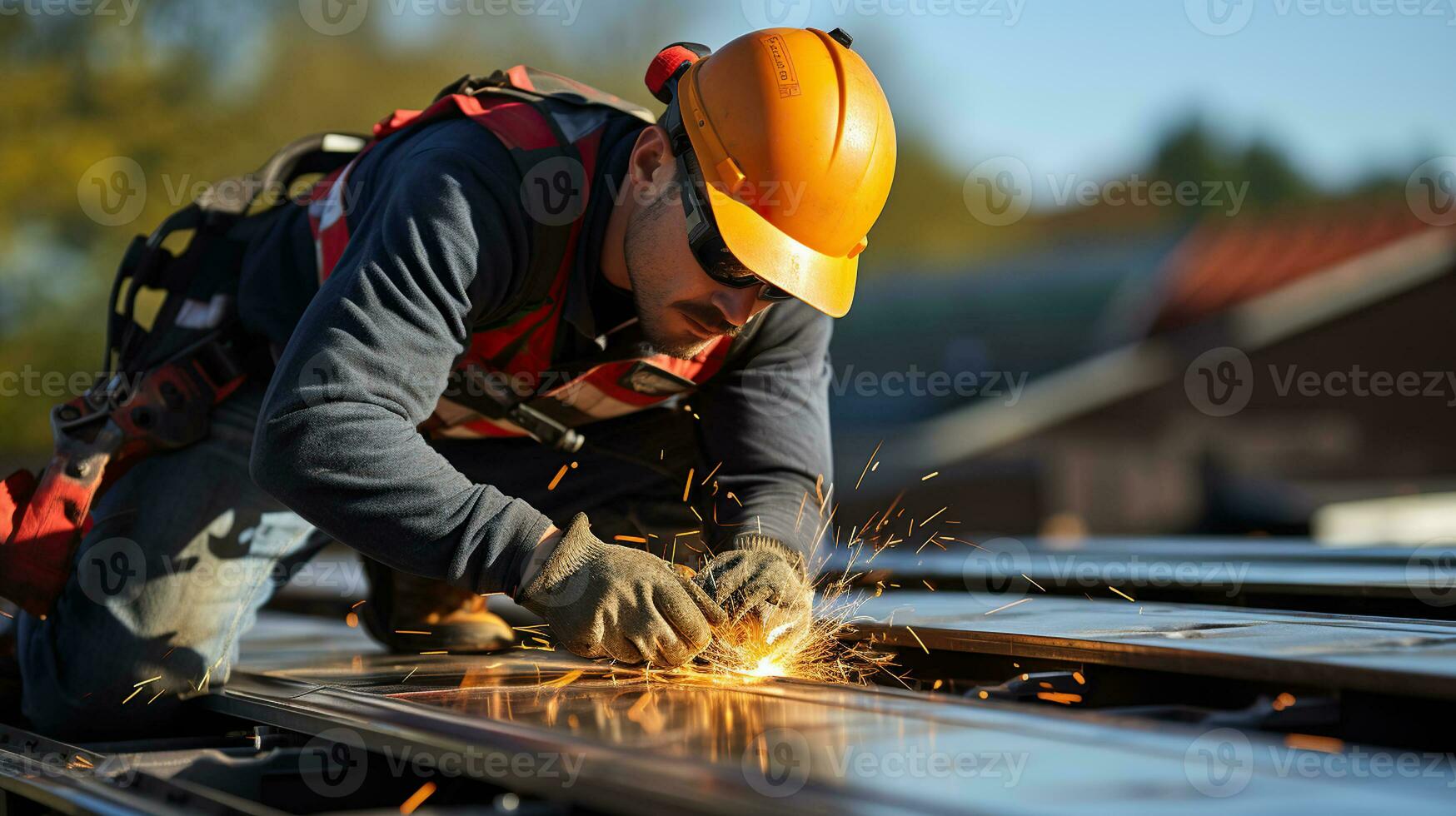 eléctrico perforar usado en nuevo techos con metal hoja. construcción trabajador Instalar en pc nuevo techo. generativo ai foto