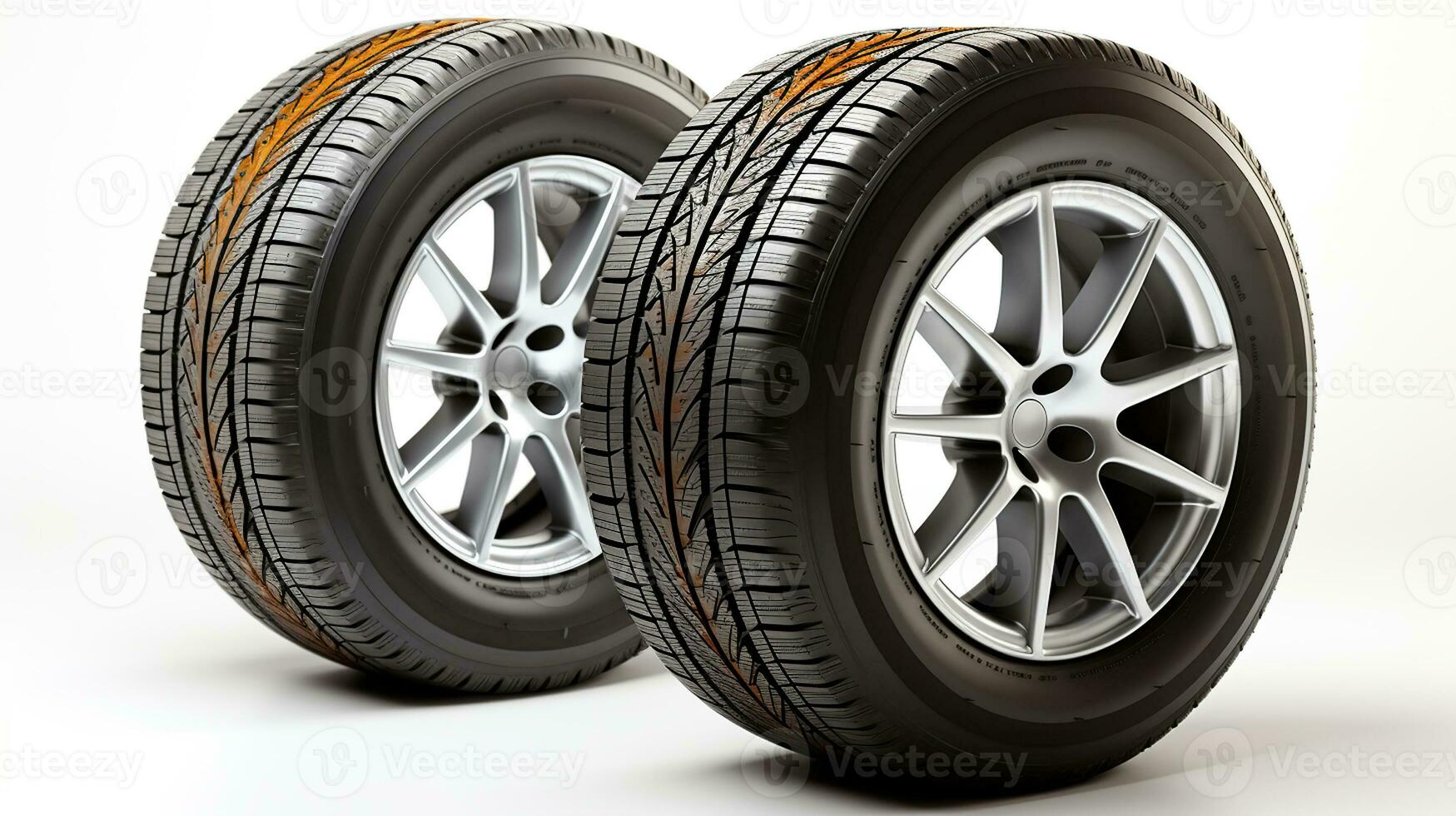 Winter and summer auto tires. A pair of tires. Wheels of vehicles stacked up. lone automobile tires on a white background. Generative AI photo