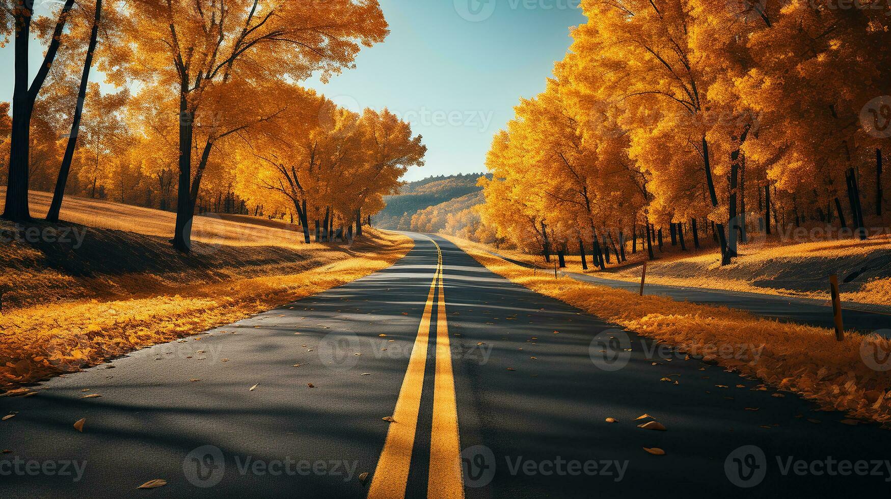 Journeying through the Long Empty Road in the Splendor of Autumn. Generative AI photo