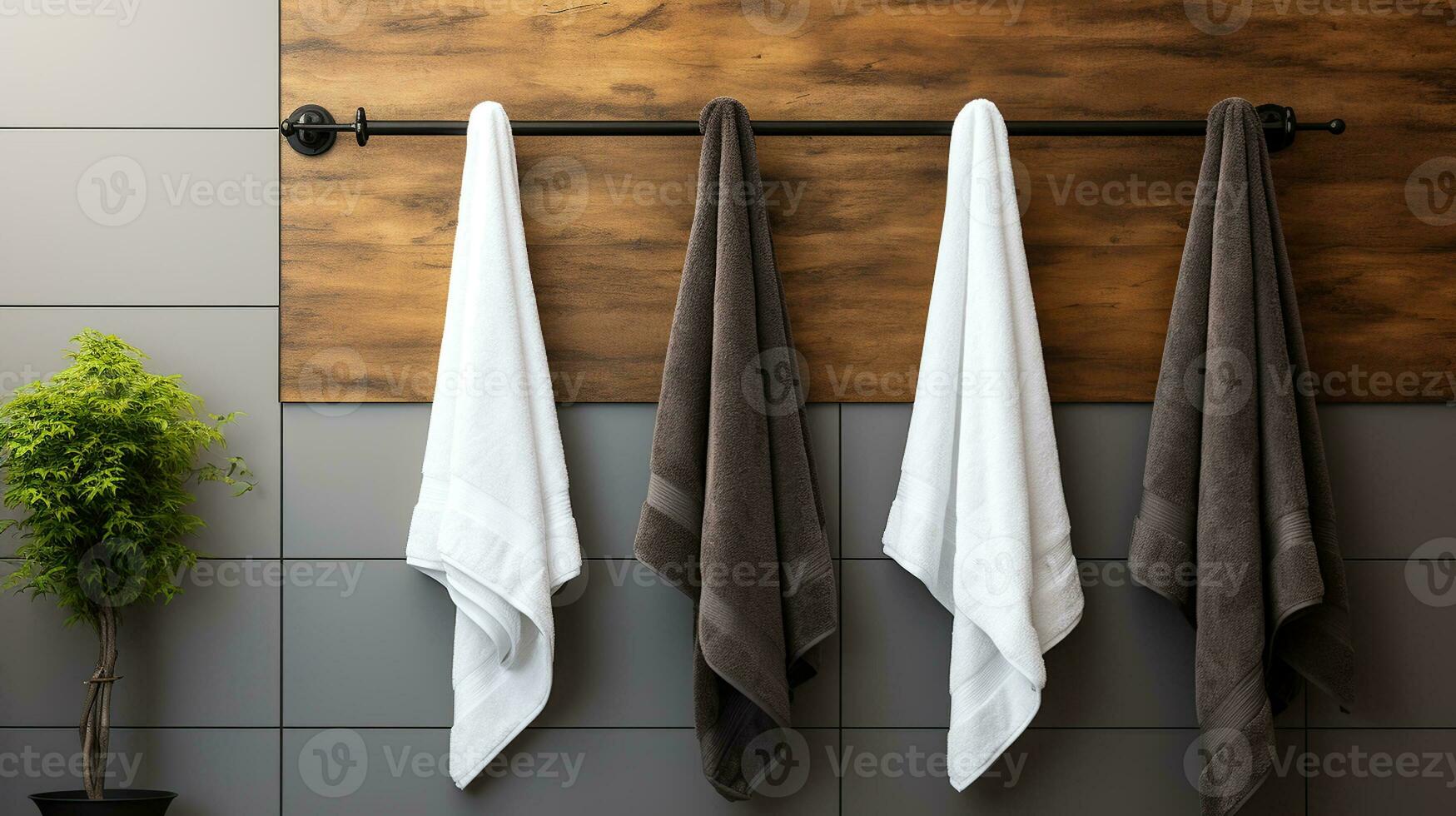 Cotton terry towels in white, black, and grey hanging on a rail in an empty space. Generative AI photo