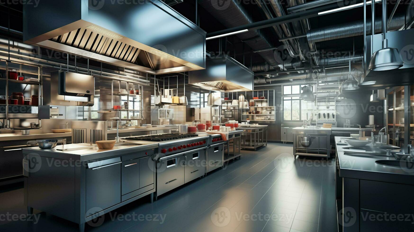 Industrial massive central kitchen. Generative AI photo