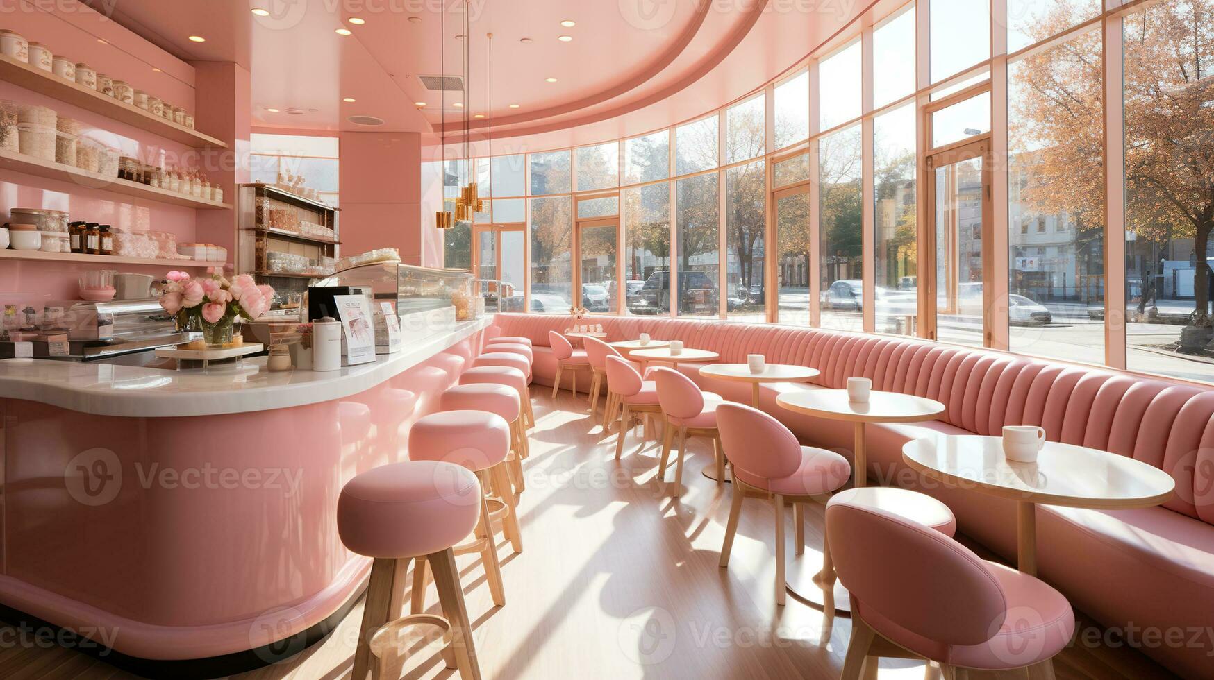 Modern pastry shop with barbie pink laminate cladding, Generative AI photo