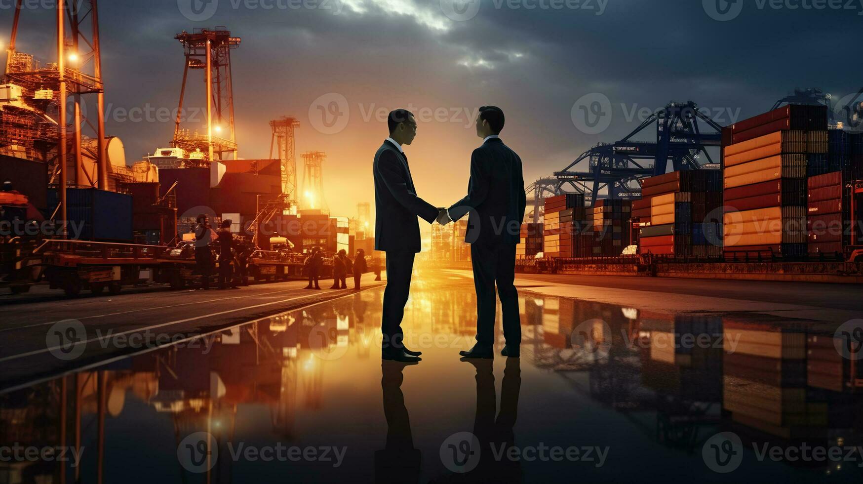 Business people shaking hands, success business of Logistics Industrial Container Cargo freight ship for Concept of fast or instant shipping. Generative AI photo