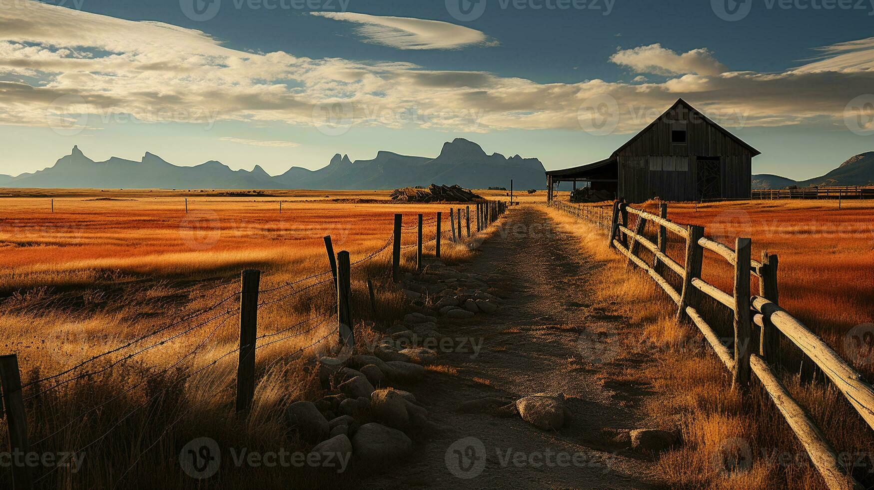 pradera serenidad, un granero y cerca en medio de vasto campos. generativo ai foto