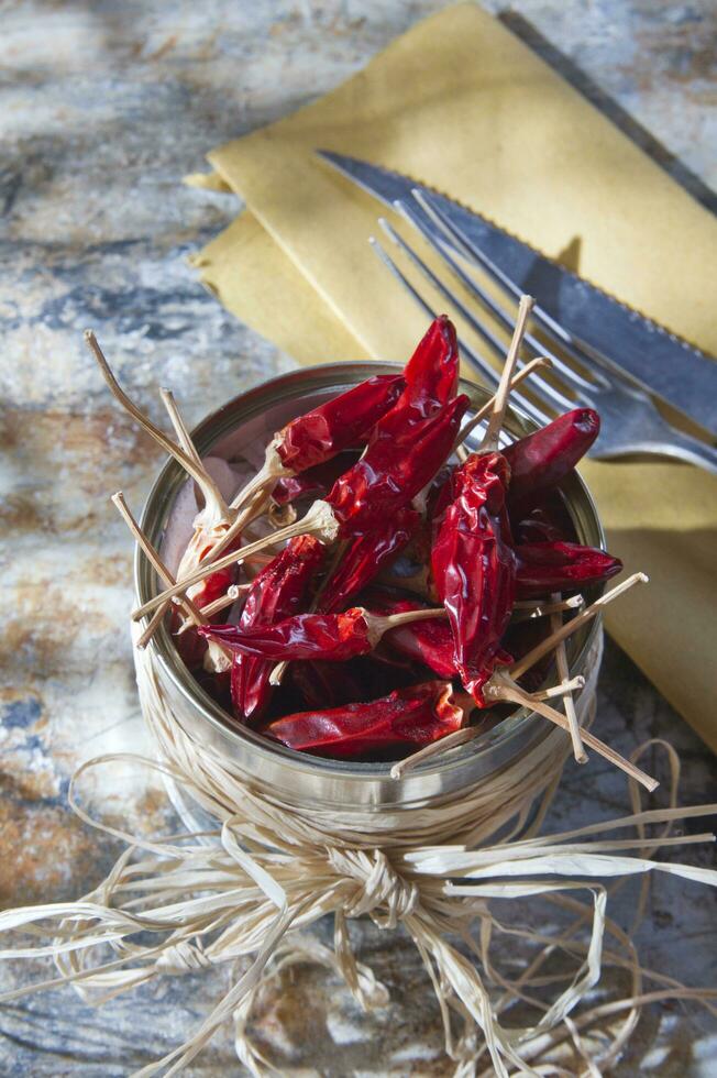 a bowl of red chili peppers on a table photo