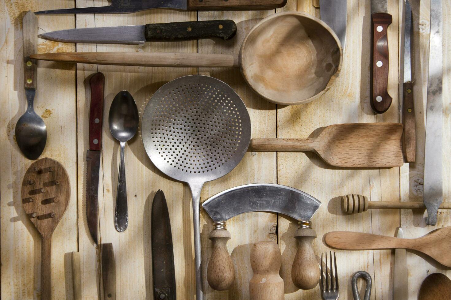 a bunch of different utensils on a table 27079842 Stock Photo at Vecteezy