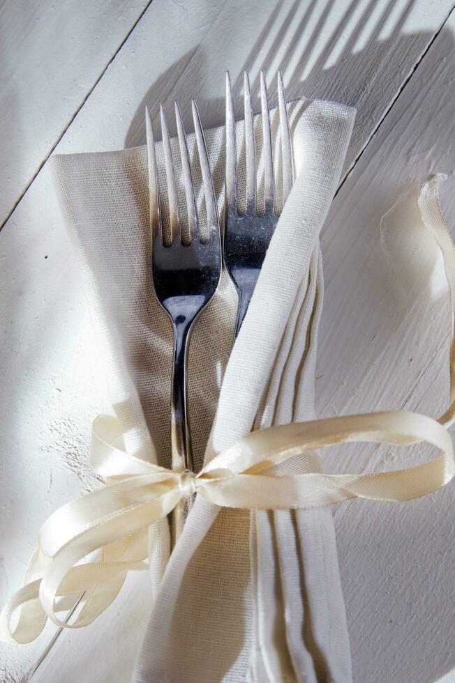 a pair of forks and a napkin tied with a ribbon photo