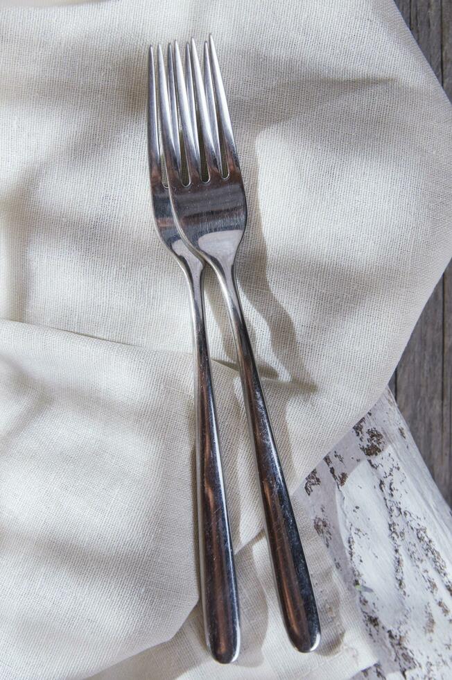a pair of forks and a napkin tied with a ribbon photo