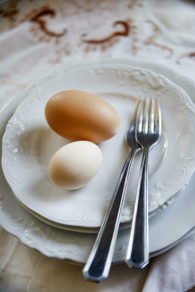 Egg on white plate photo