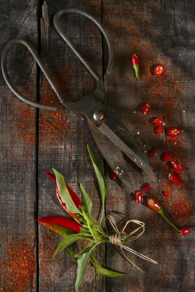 a pair of scissors and a bunch of chili peppers photo