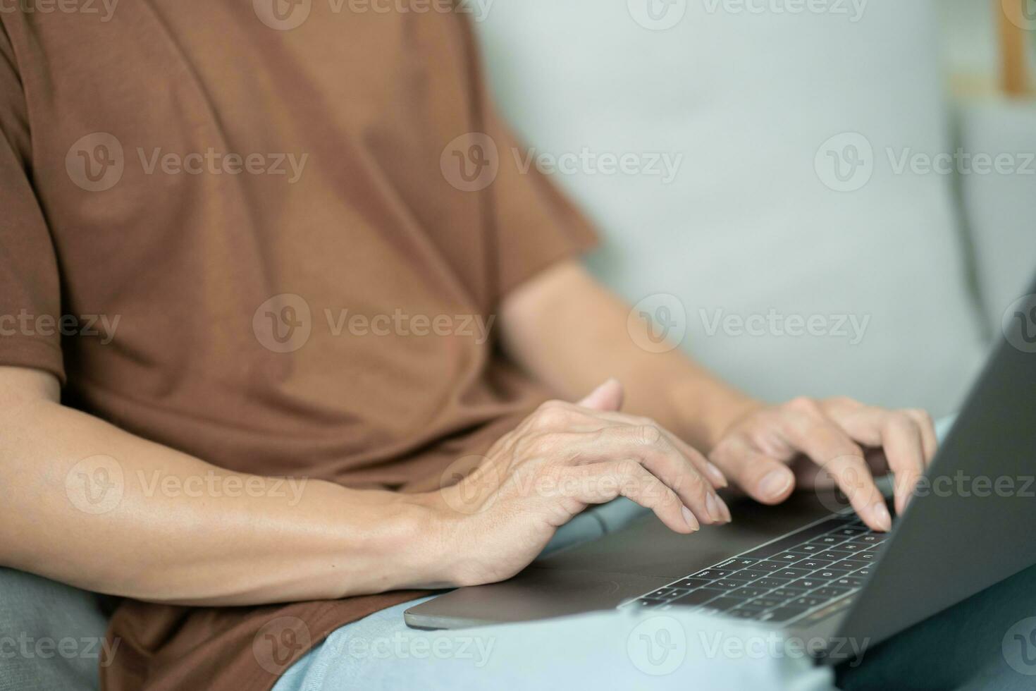 Man work from home. work online on laptop. Asian businessman working online business concept with social distancing laptop online meeting. photo