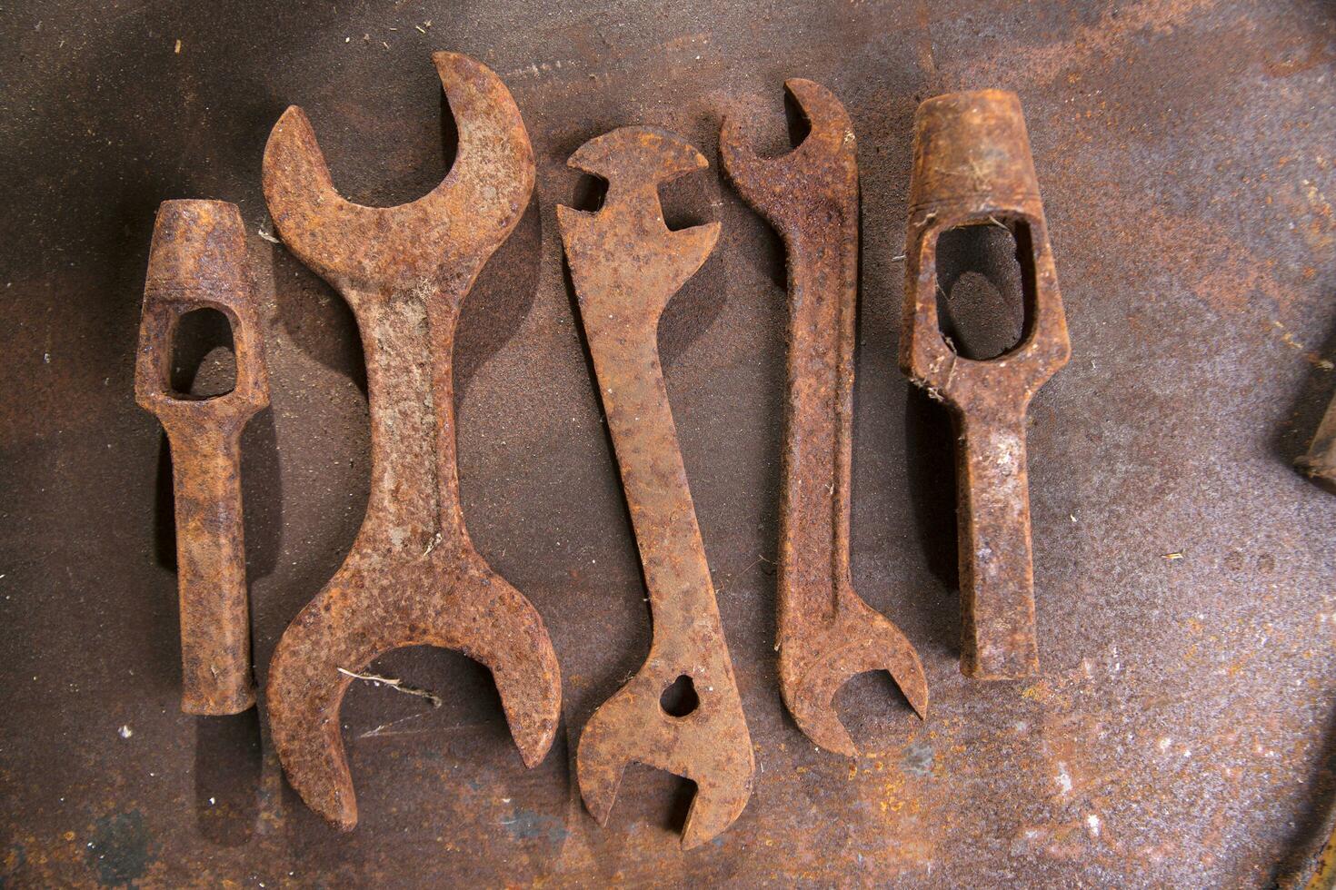 a group of rusty old tools sitting on a wall photo