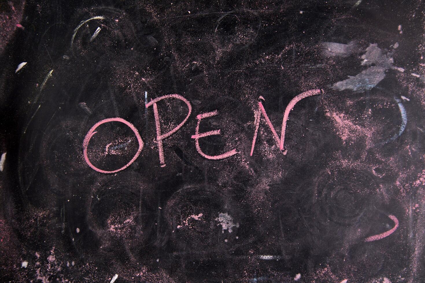 open written on a blackboard with chalk photo