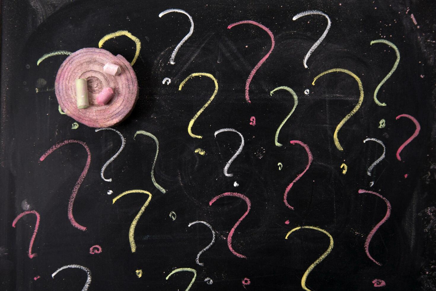 a chalkboard with question marks and a hat photo