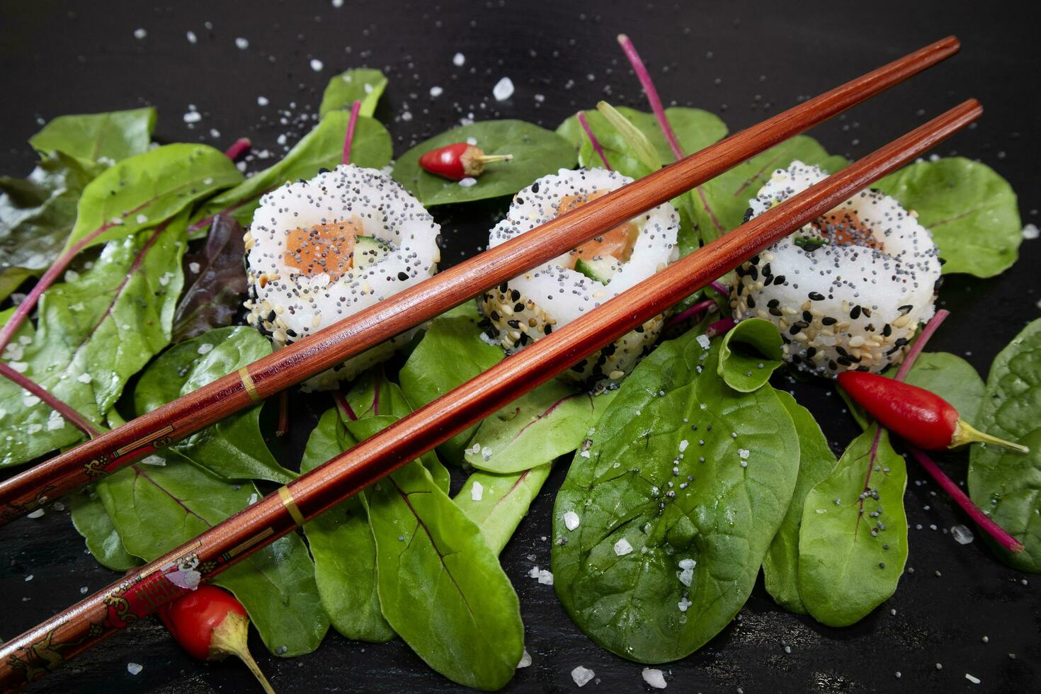 Seafood sushi and green salad photo