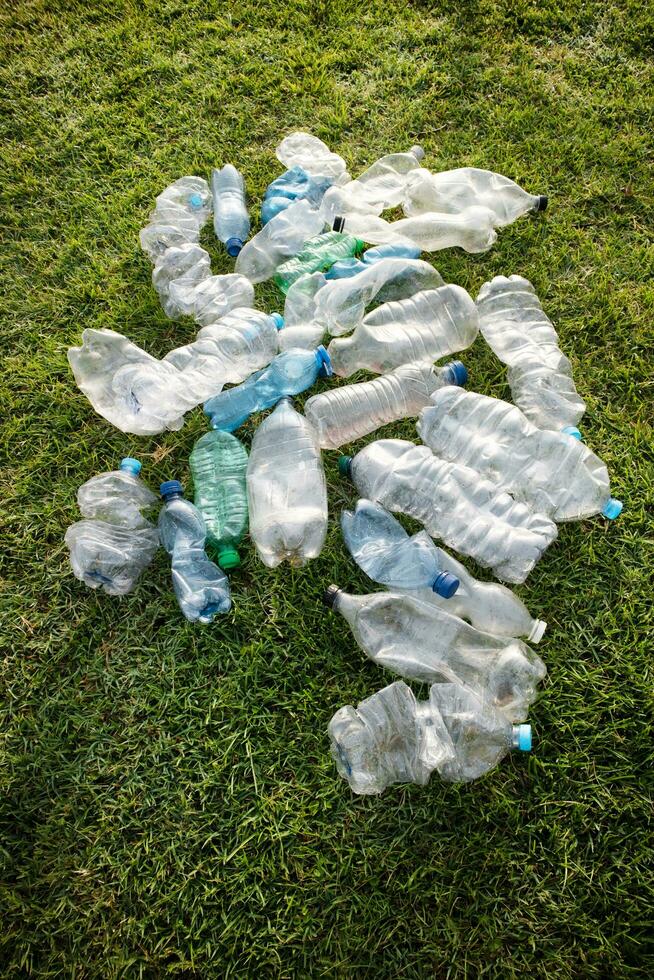 Used plastic bottles abandoned in a meadow photo