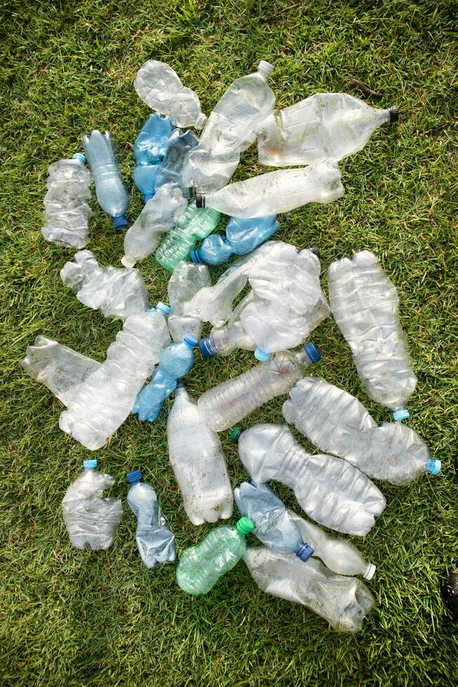 Used plastic bottles abandoned in a meadow photo