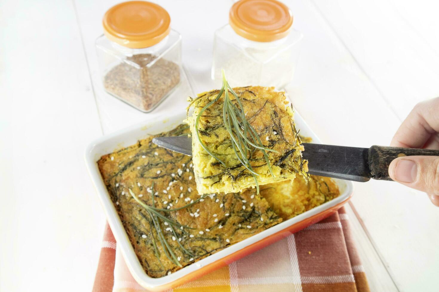 Vegan omelette cuisine with chickpea flour and agretti and turmeric photo