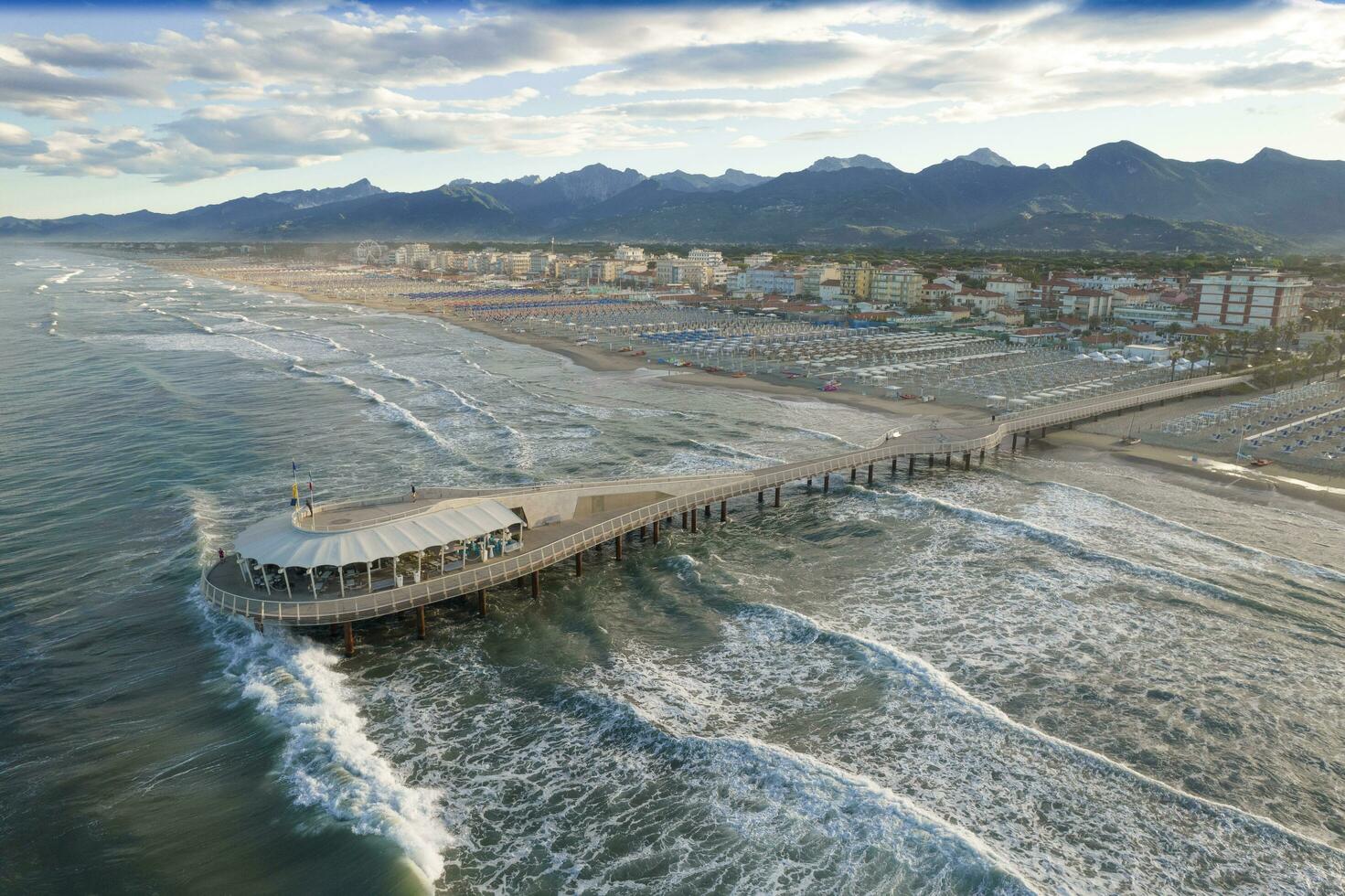 Aerial view at dawn of the pier of Lido di Camaiore Italy photo