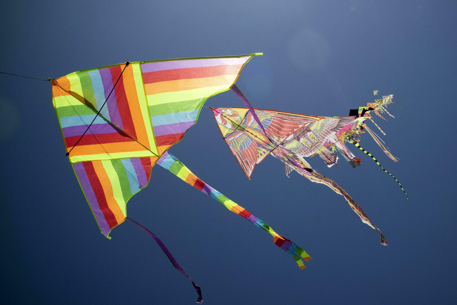 Series of colorful kites flying in the blue sky photo