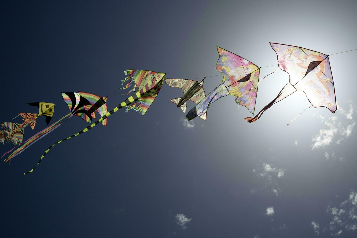 Series of colorful kites flying in the blue sky photo