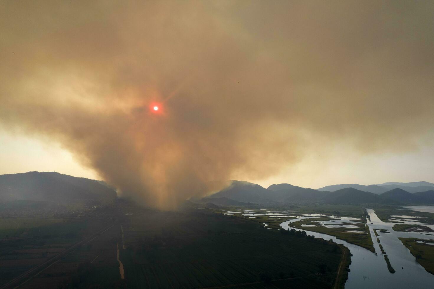 Large column of smoke from a forest fire photo