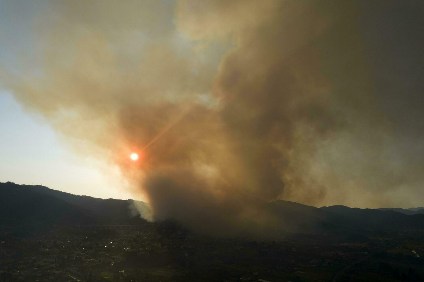 Large column of smoke from a forest fire photo