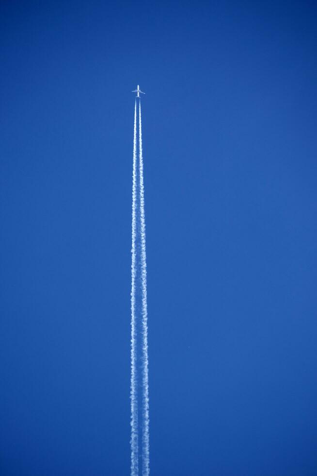 The trails in the sky that leave the planes in flight photo