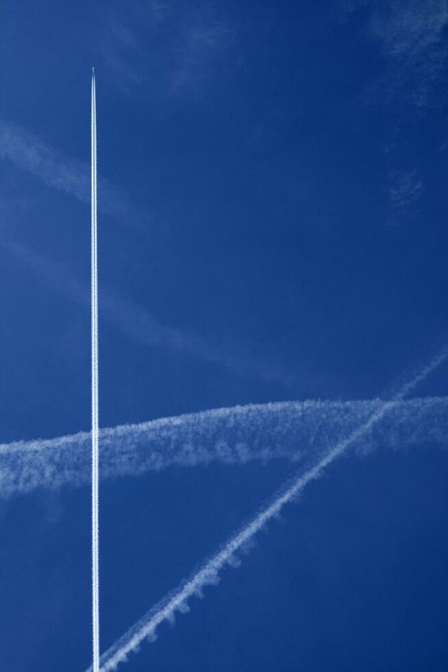 The trails in the sky that leave the planes in flight photo