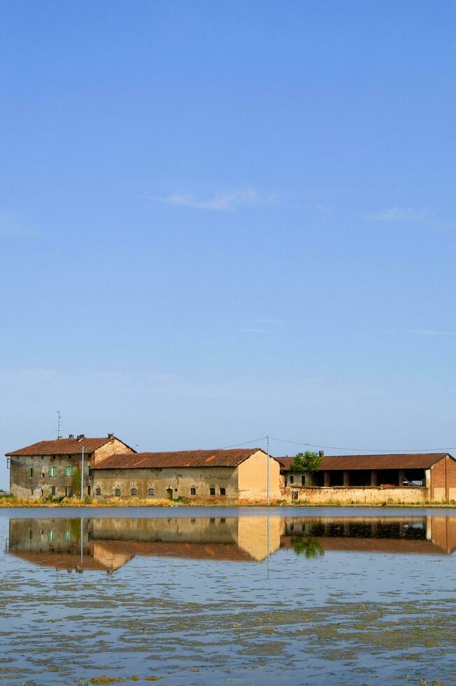 antiguo granjas en el arroz campos en vercelli Italia foto