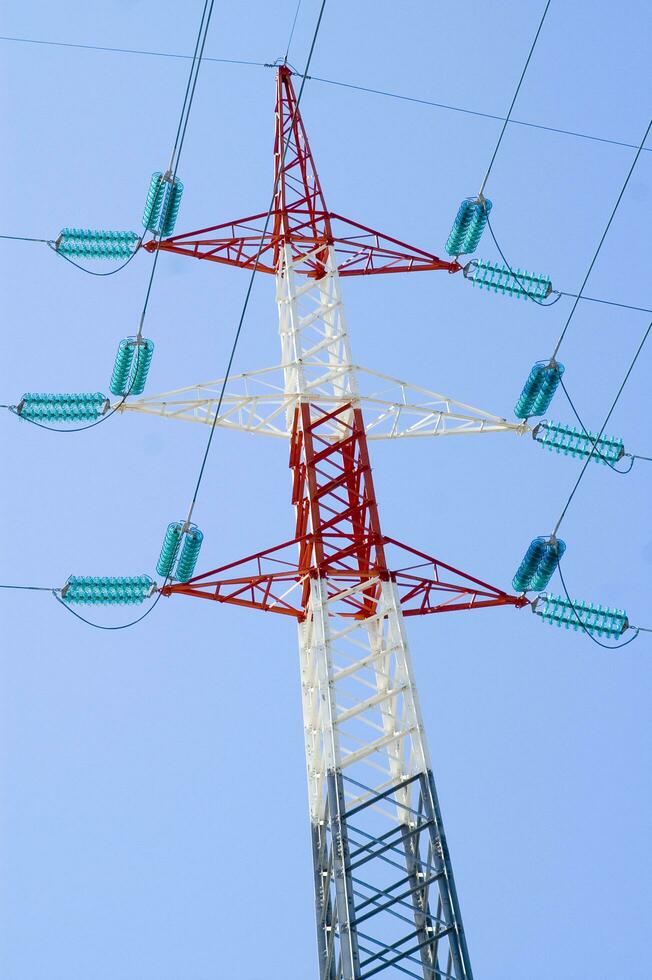 a high voltage power line with wires and poles photo