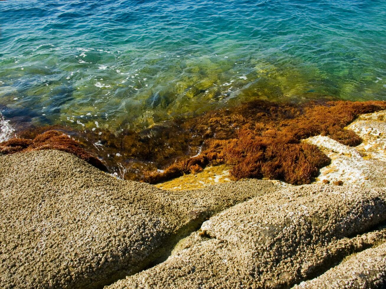 a rocky shore with waves crashing against the rocks photo