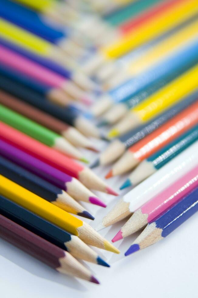 many colored pencils are arranged in a row photo