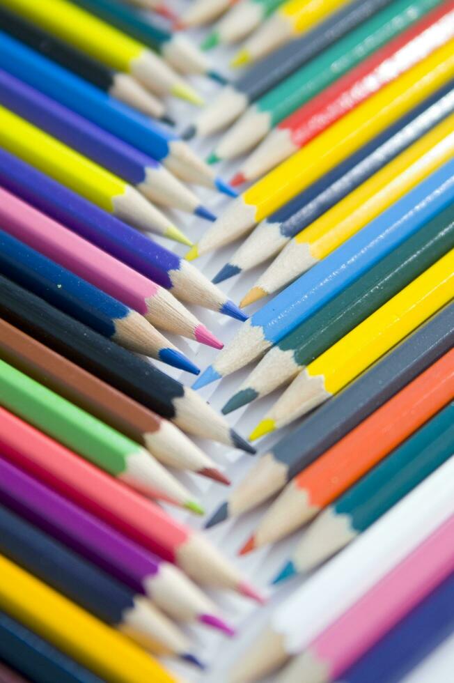 many colored pencils are arranged in a row photo
