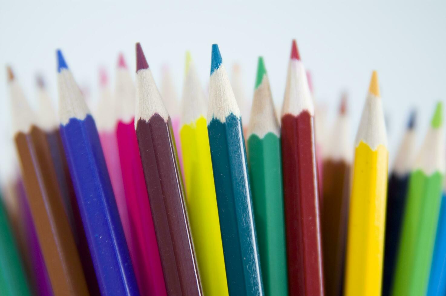 many colored pencils are arranged in a row photo