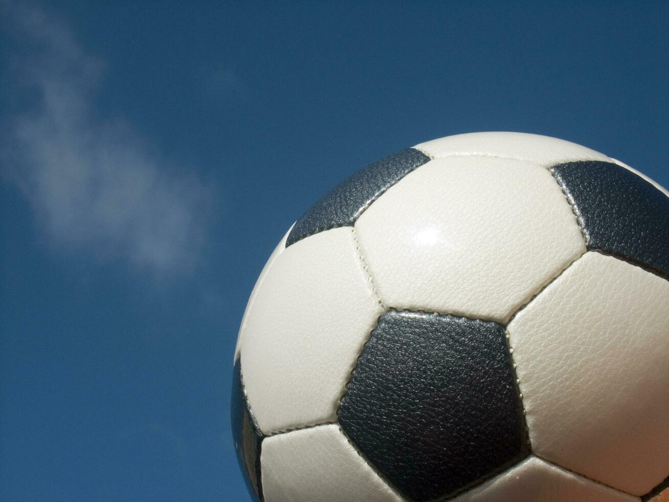 a close up of a soccer ball with leather photo