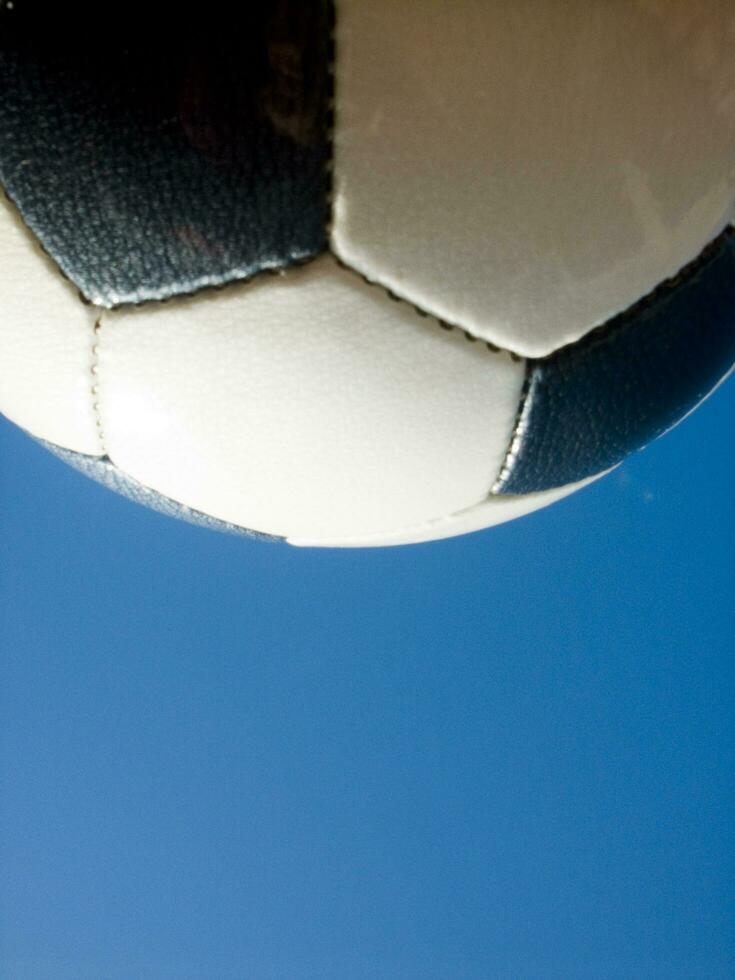 a close up of a soccer ball with leather photo