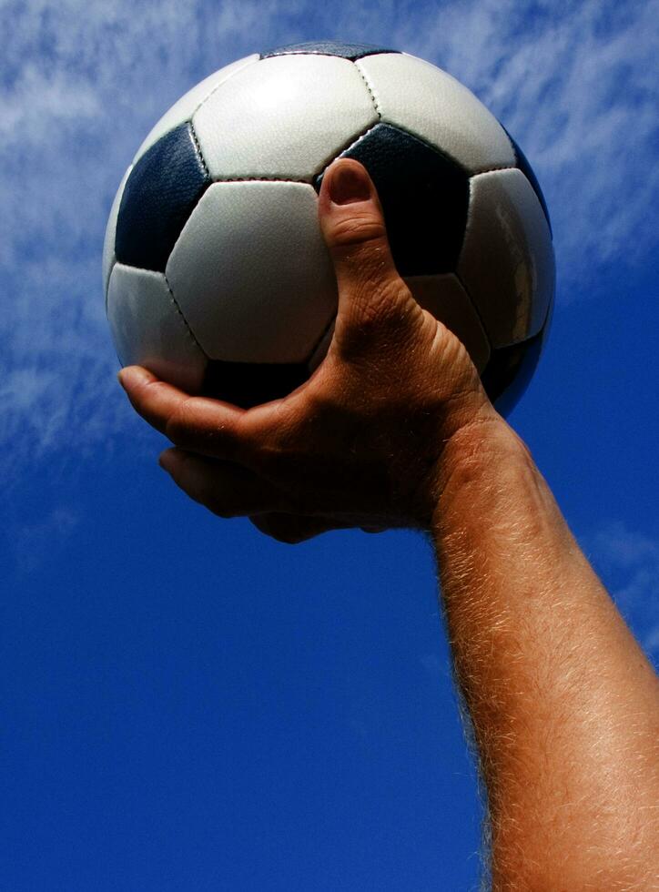 a close up of a soccer ball with leather photo