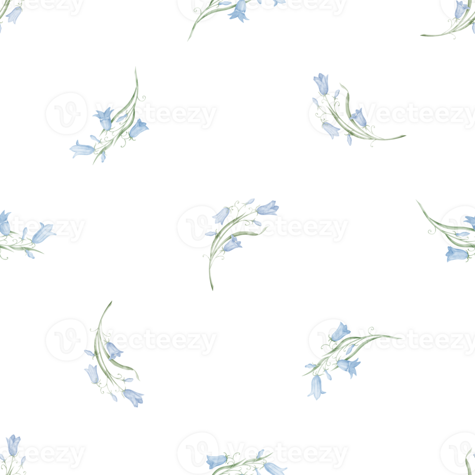 Watercolor Seamless Bluebell Flower Pattern. Hand drawn floral background with Blue Bellflowers for textile design or wrapping paper. Delicate botanical Wallpaper in pastel blue and green colors. png