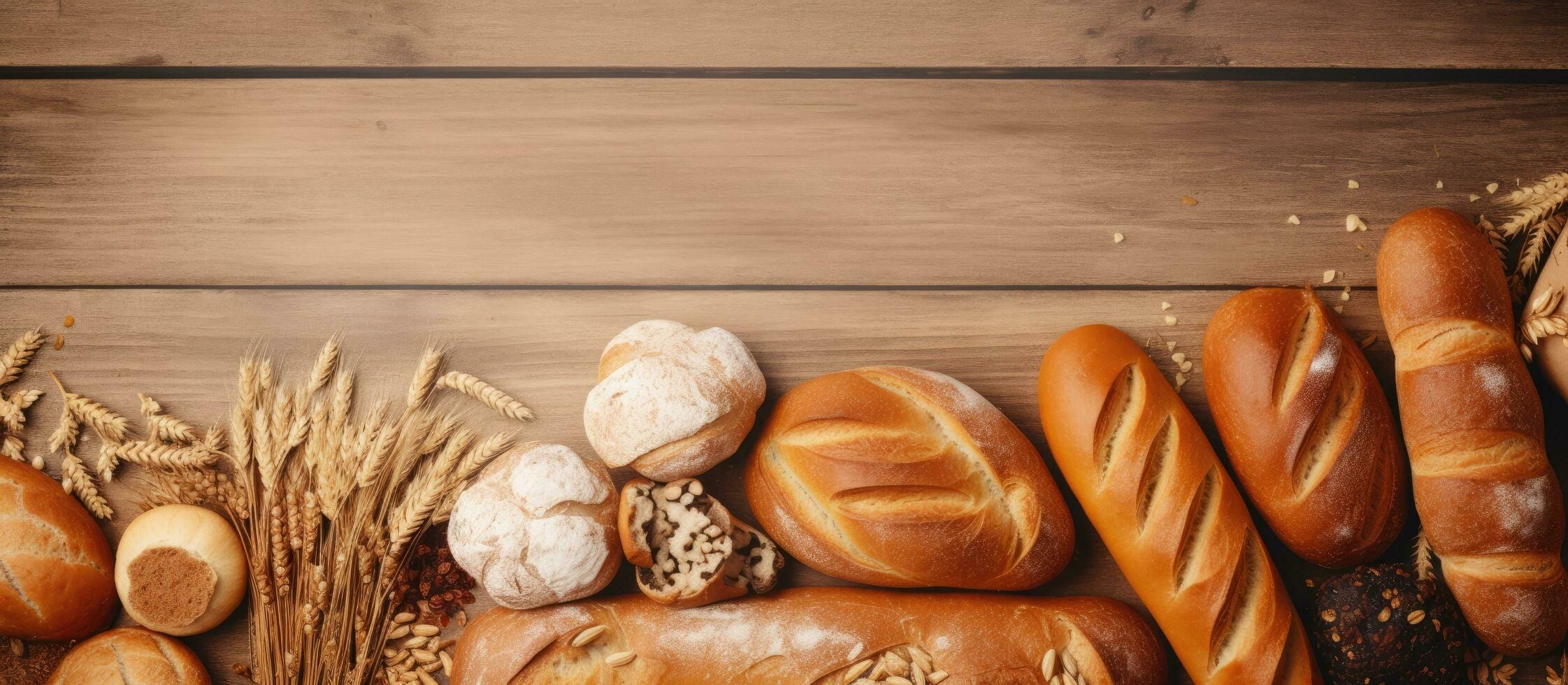 Fresh homemade breads of various kinds as a backdrop, seen from above with space for text photo