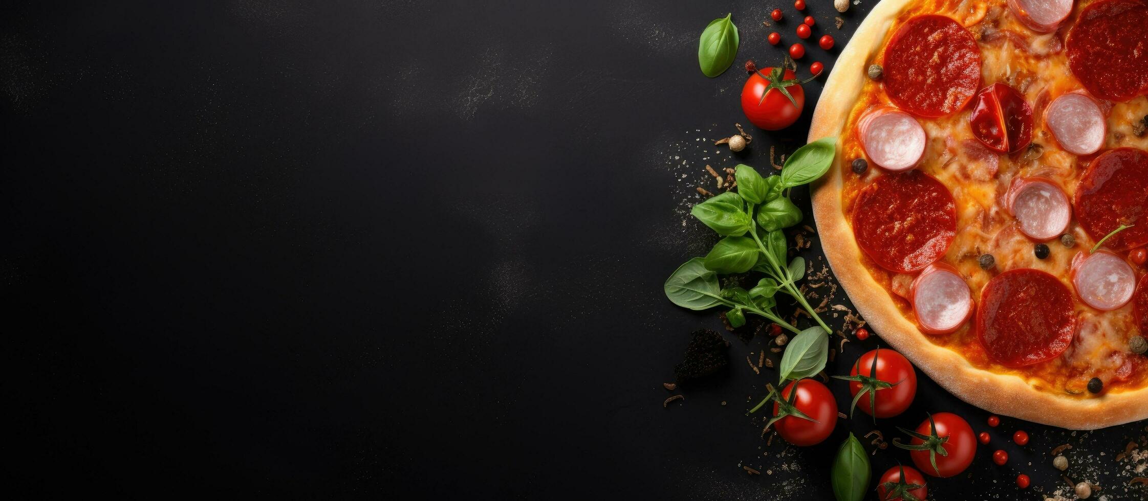 A delicious pepperoni pizza and cooking ingredients such as tomatoes and basil on a black concrete photo