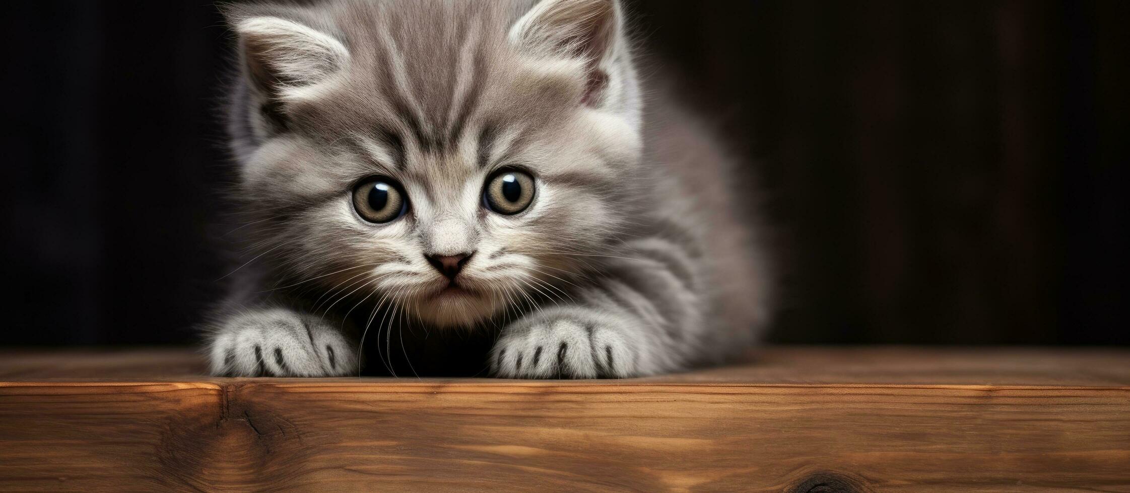 A lovely female kitten with a gray coat is seen resting its paws on a wooden board. perfect for photo