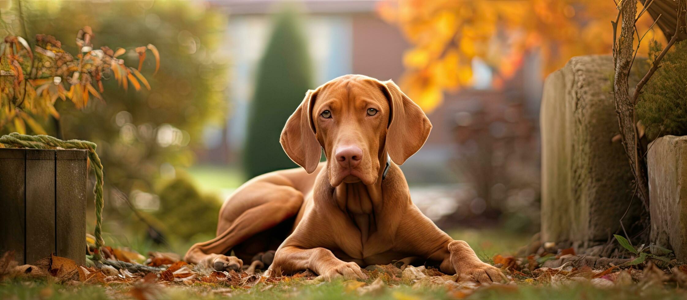 A Hungarian Vizsla dog is seen in a lovely autumn garden, appearing happy and content. The Vizsla photo