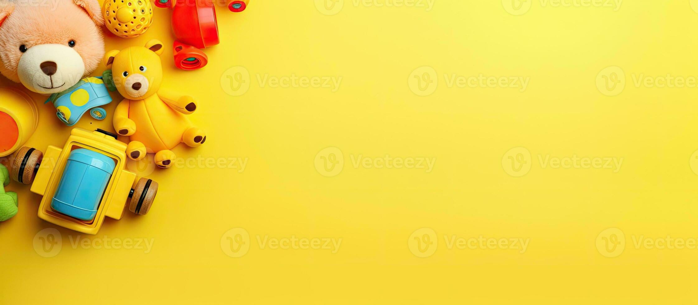 Baby and children's toys are arranged on a yellow background in a flat lay style with empty space photo